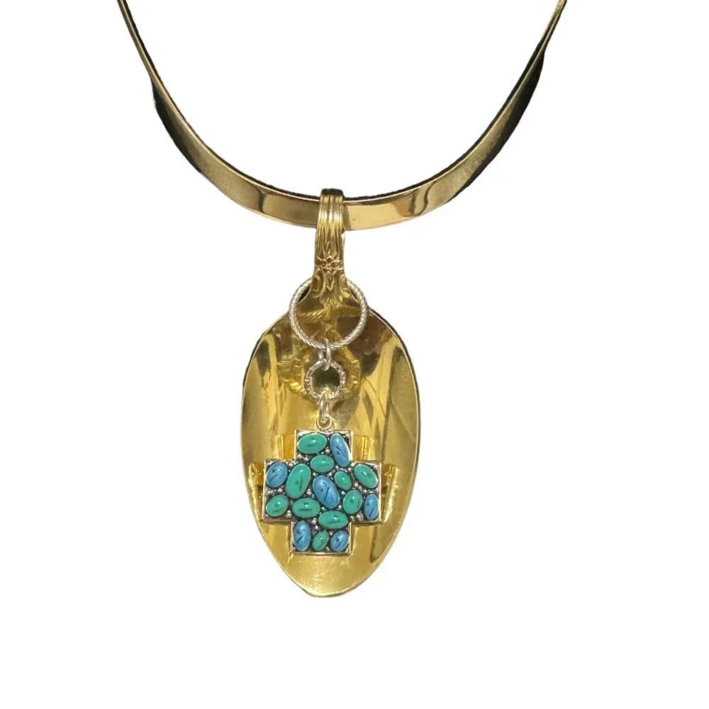 King Arthur Gold Spoon Pendant - Vintage Cross Charm Choker | Alma Antigua
